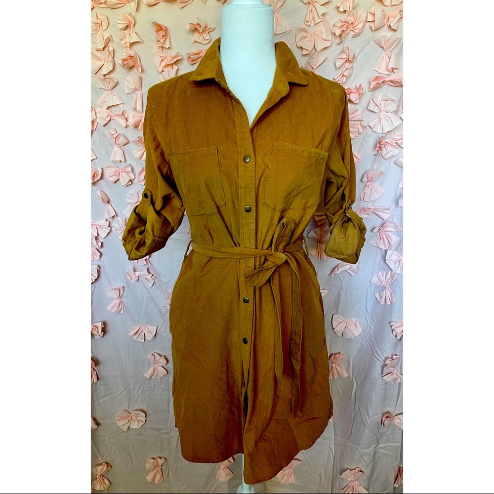 Camel colored button up T-shirt dress